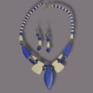 Vintage Blue & Cream Carved Bead Necklace Earring Set Tribal Boho Artisan